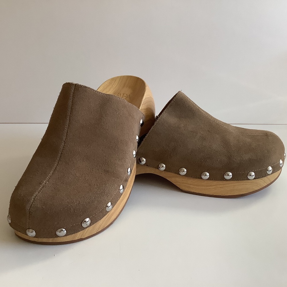 Zara Taupe Studded Suede Clogs Size 40/9